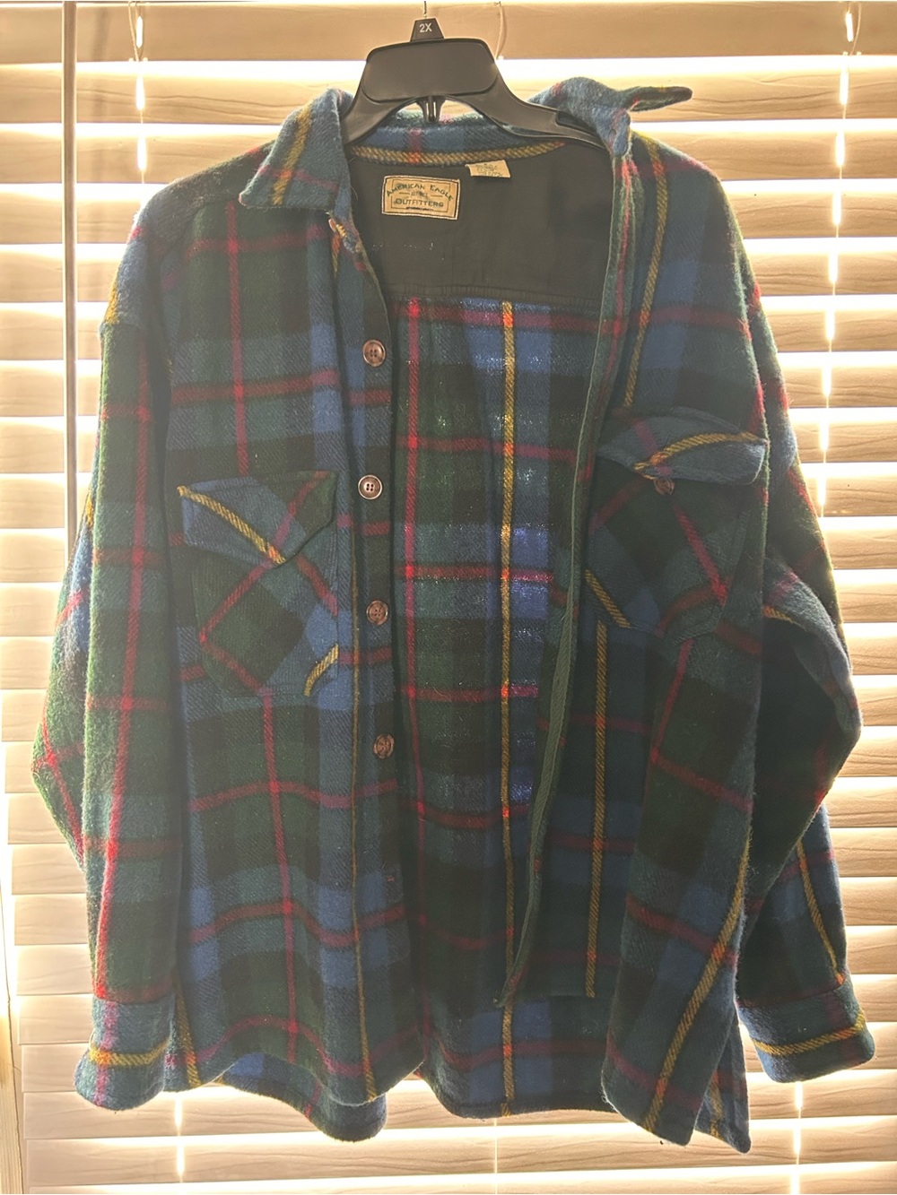 American Eagle Outfitters Blue and Green Plaid Button-Down Shirt
